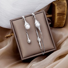 fashion inlaid pearl asymmetrical long tassel drop earrings wholesale