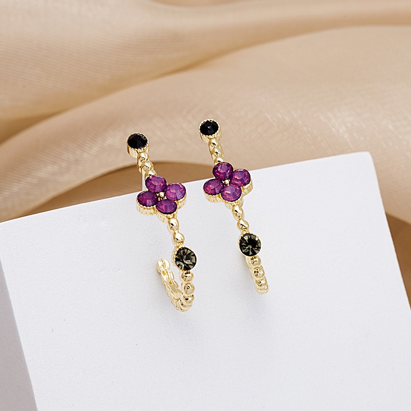 vintage contrast color purple flower Cshaped diamond stud earrings wholesale