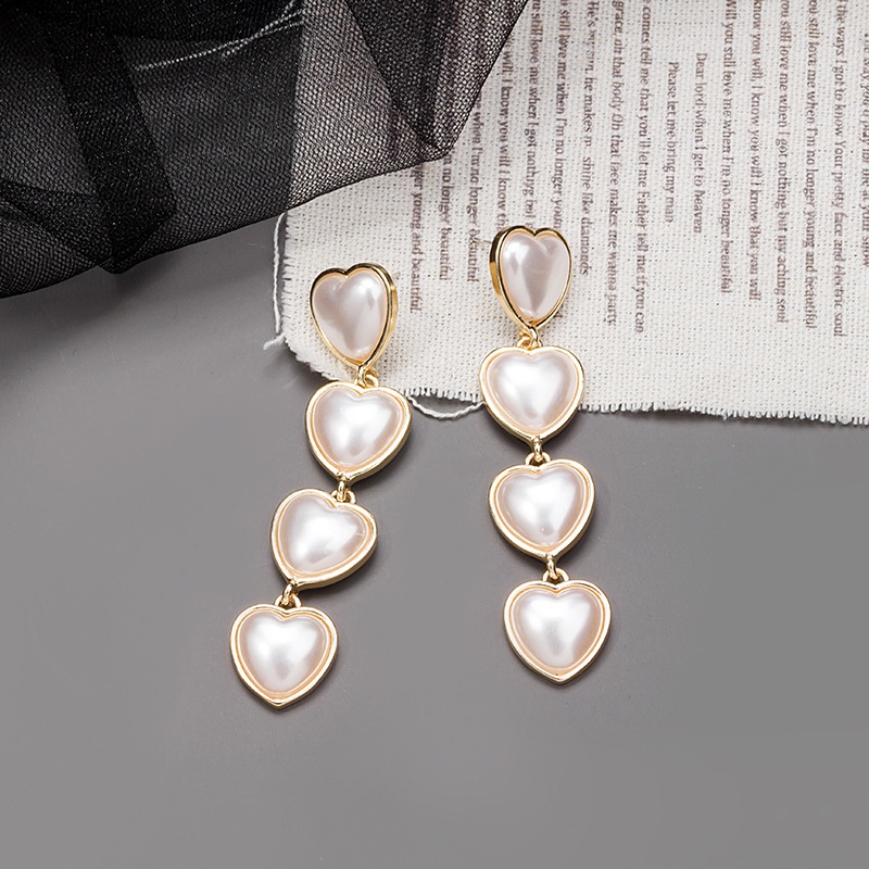 fashion long heart shaped full pearl alloy drop earrings wholesale