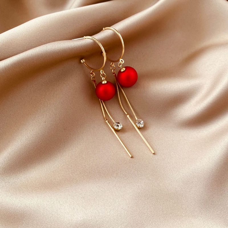 fashion inlaid red pearl long tassel alloy drop earrings wholesale