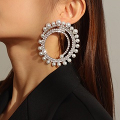 fashion diamond round earrings exaggerated imitation pearl earrings female