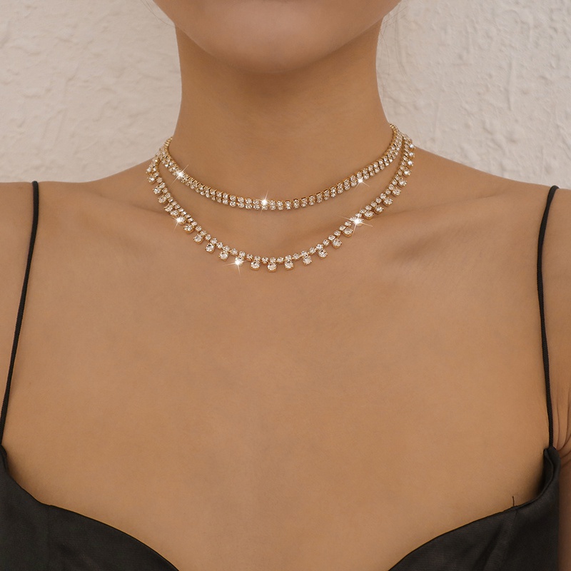 simple geometric claw chain doublelayer inlaid rhinestone alloy necklace