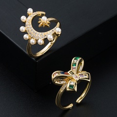 new copper gold-plated micro-set zircon bow star moon pearl ring