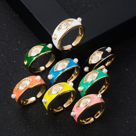 fashion copper gold plated color enamel eye inlaid pearl open ring's discount tags