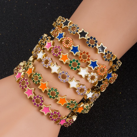 copper color retention electroplating real gold micro-set zircon enamel pentagram opening bracelet's discount tags