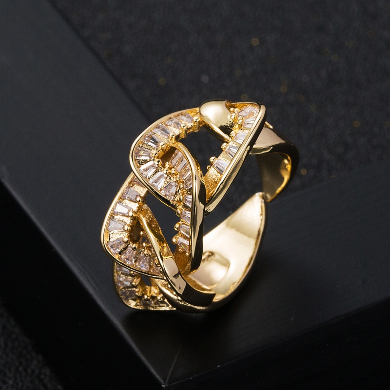fashion copperplated 18K gold microset zircon chain interlocking open ring