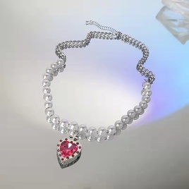 niedliche Perlenkette rosa Diamant Herz Anhnger Titan Stahl Halskette Grohandelpicture12
