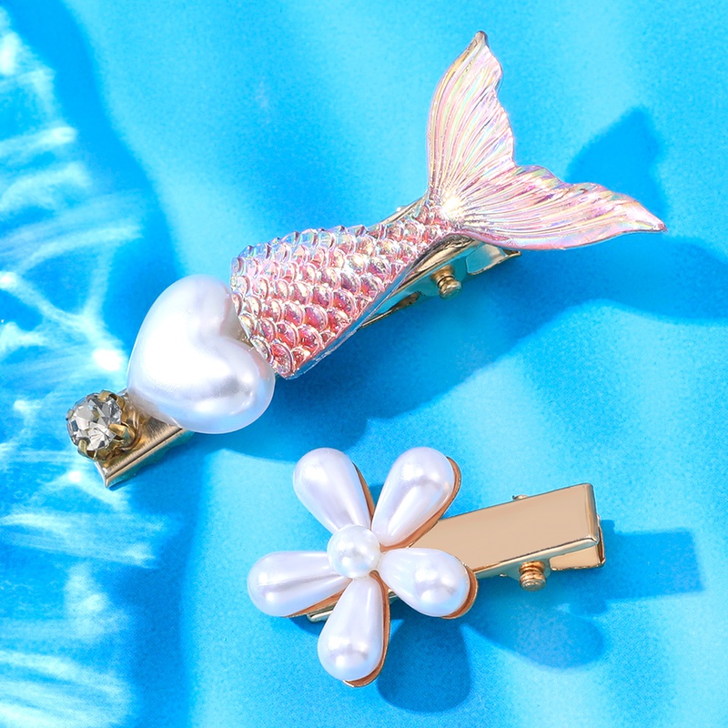 2 Piece Classic Pink Mermaid Tail White Flower Hair Clip Set