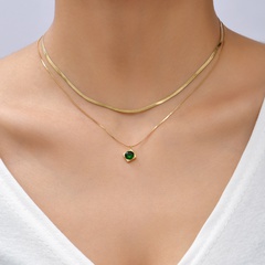Titanium Steel Plated 14K Gold Green Zircon Pendant Blade Chain Double Layer Necklace