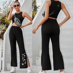 Ladies Spring Fashion Retro Butterfly Element Slit Wide Leg Casual Pants