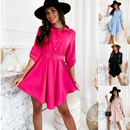 Fashion womens New Solid Color RollSleeve Waist Shirt Dresspicture7