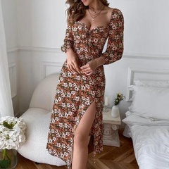 Damen Frühling und Herbst neue Mode gedruckt Schlitz langes Kleid