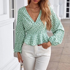 Ladies Spring and Autumn Casual V-Neck Slim Fit Polka Dot Long Sleeve Shirt