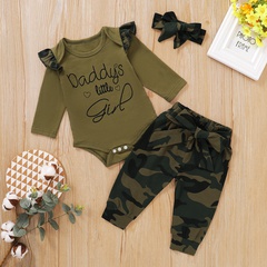 Green autumn letter long-sleeved romper camouflage pants baby clothings three-piece set