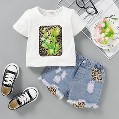 Automne Bébé Vêtements T-shirt à manches courtes imprimé cactus blanc Short en jean Ensemble deux pièces