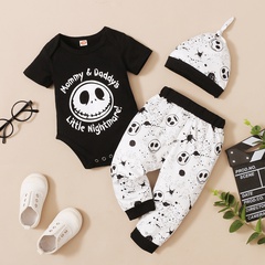 ropa de bebé negro estilo de Halloween estampado mameluco de manga corta pantalones sombrero traje de tres piezas