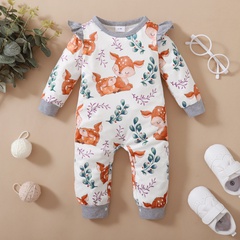 Summer white cotton long-sleeved fox print long-sleeved baby jumpsuit