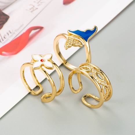 Korean Style personality double-layer geometric fishtail flower oil drip ring copper-plated 18K gold creative ring NHYIS625512's discount tags