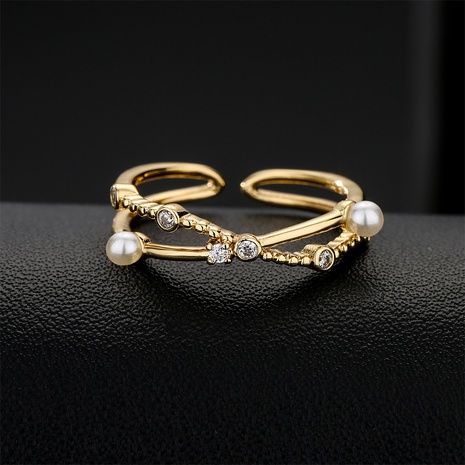 fashion copper micro-encrusted zircon pearl geometric open ring NHFMO625737's discount tags