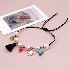 fashion white imitation pearl crystal flat bead star cross tassel pendant bracelet