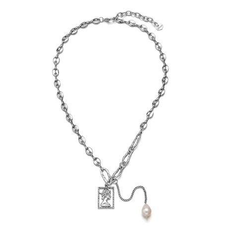 fashion new pearl tassel square brand queen pendant stainless steel necklace NHHF625831's discount tags