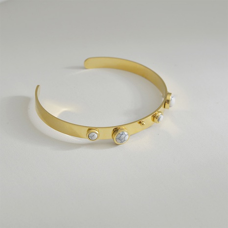 Personality Versatile 14K Gold C-Shaped Glossy White Turquoise Opening Adjustable Bracelet NHHF625843's discount tags