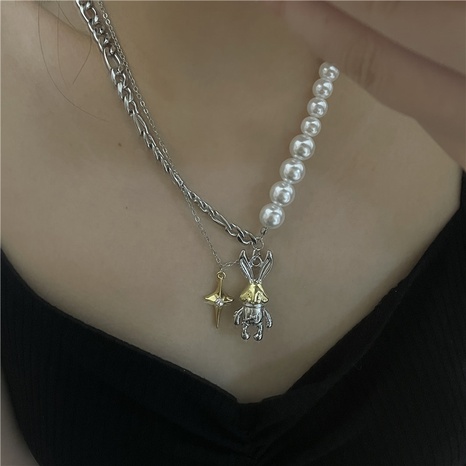 Fashion vintage Pearl titanium steel mechanical rabbit necklace wholesale NHYQ625992's discount tags