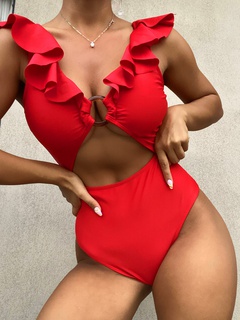 Fashion solid color ruffled one-piece swimsuit sexy bikini