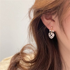 Korea black white checkerboard heart pearl alloy earrings