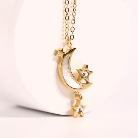 simple moon star pendant inlaid shell zircon titanium  steel necklace's discount tags