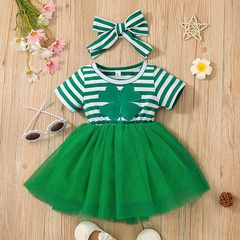 Little girl children's clothing summer striped round neck dress four-leaf clover turban skirt