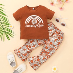 Little girl pullover pants set clothes wholesale children's summer short-sleeved T-shirt flared pants 2-piece set