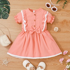 Summer solid color girls puff sleeve pink bow A-line skirt wholesale