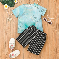 Children's fashion alphabet T-shirt striped shorts 2-piece set Korean style children's summer clothes set