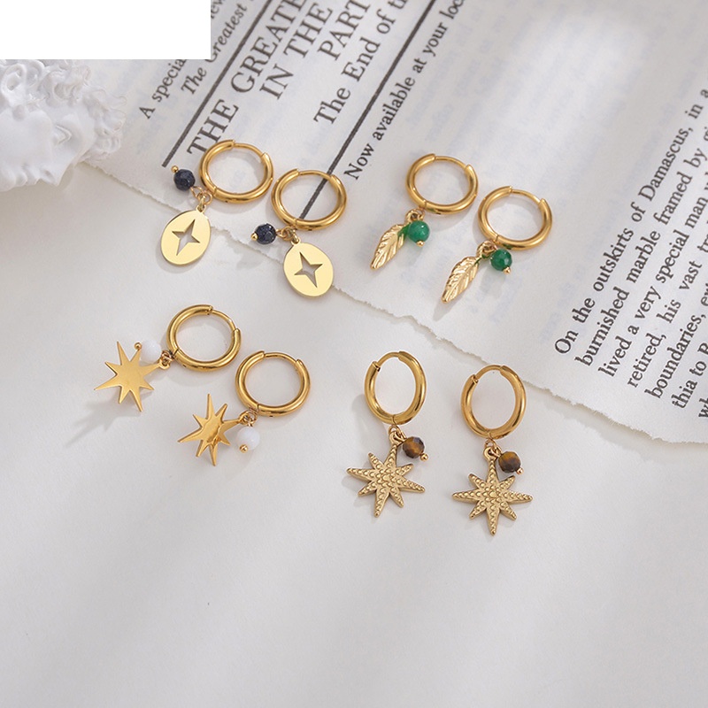 vintage rice beads eightpointed star round stainless steel earrings