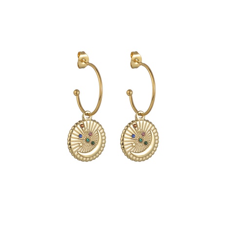 Boucles d'oreilles vintage en or 14 carats avec œil de diamant et plaque ronde en acier au titane et feuille de turquoise's discount tags