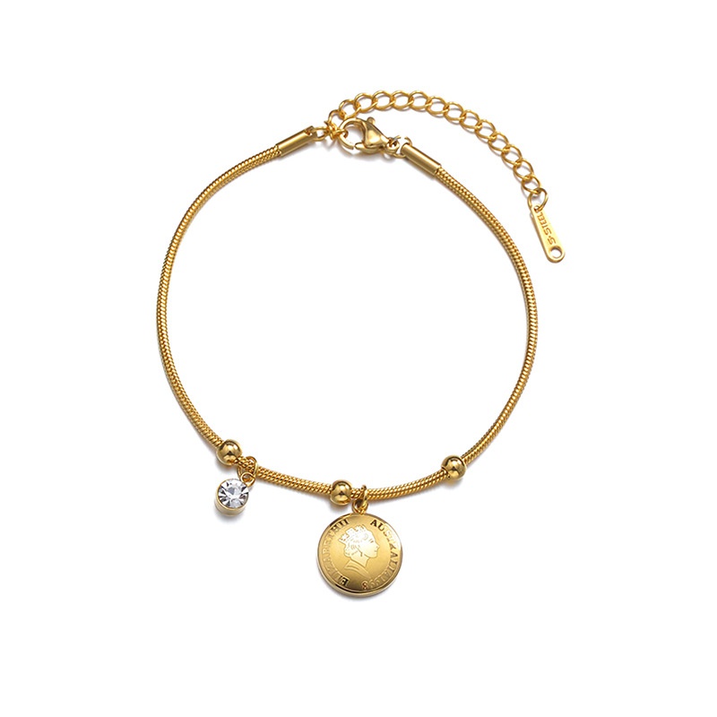new round queen head clip beads round snake chain golden titanium steel bracelet