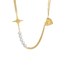 retro necklace star zircon imitation pearl titanium steel plated 18K gold necklace