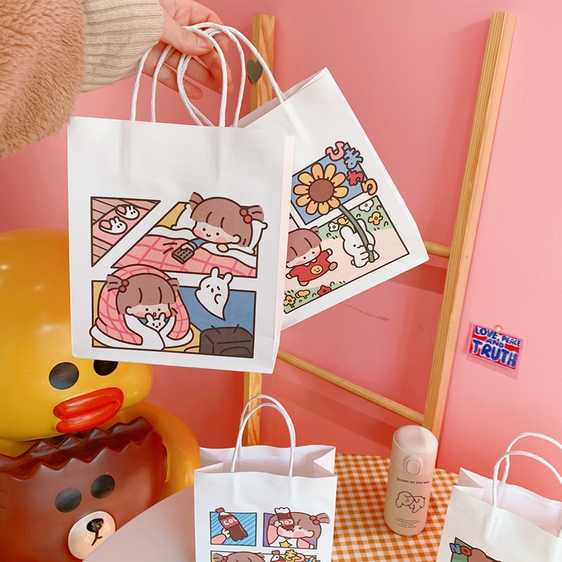Cute simple cartoon white paper portable shopping packaging gift storage bag