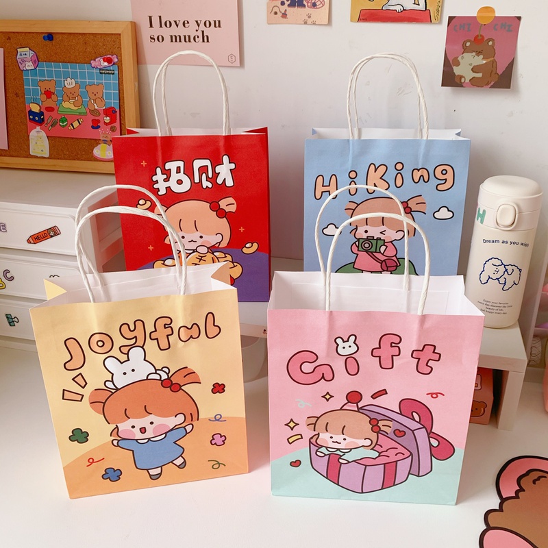 Cute simple cartoon girl paper portable shopping packaging bag