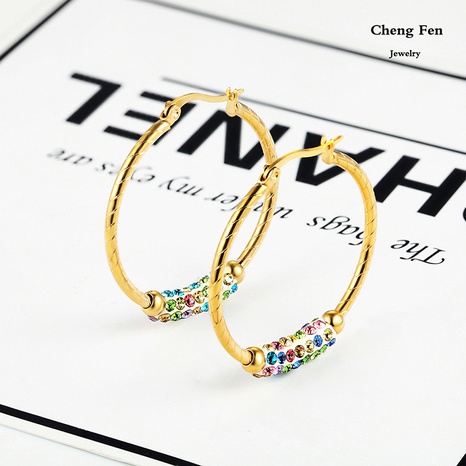 simple circle gold-plated inlaid multi-color crystal stainless steel hoop earrings wholesale NHCHF656272's discount tags