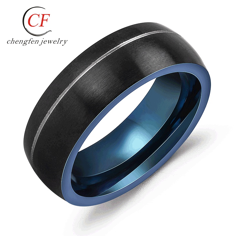 retro simple blue and black twocolor mens stainless steel ring