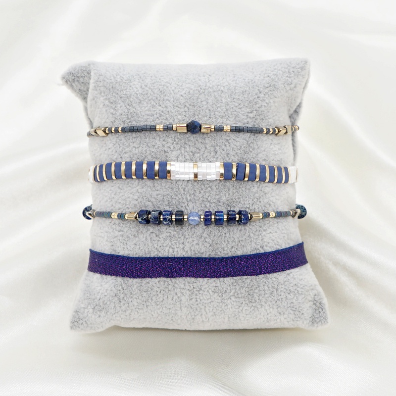 bohemian style blue tila beads handbeaded stacking set small bracelet