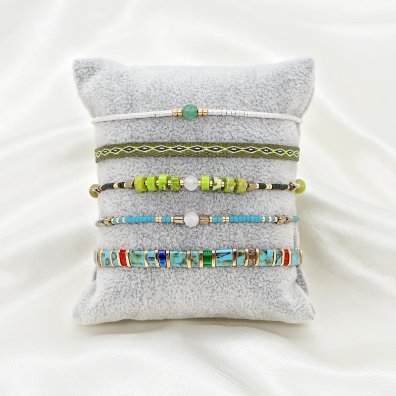 bohemian green tila beads handbeaded five stacked bracelet
