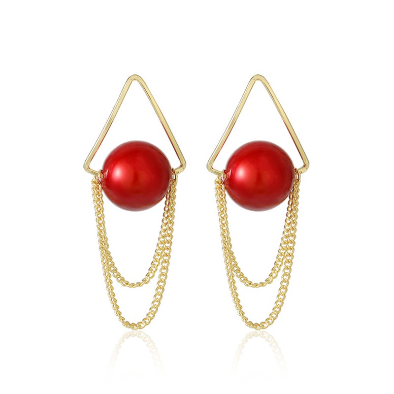 creative triangle pearl tassel fashion red earrings wholesale