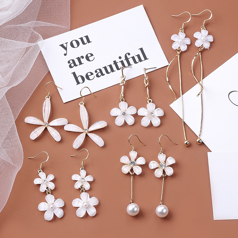fashion white daisy flower pearl tassel earrings wholesale
