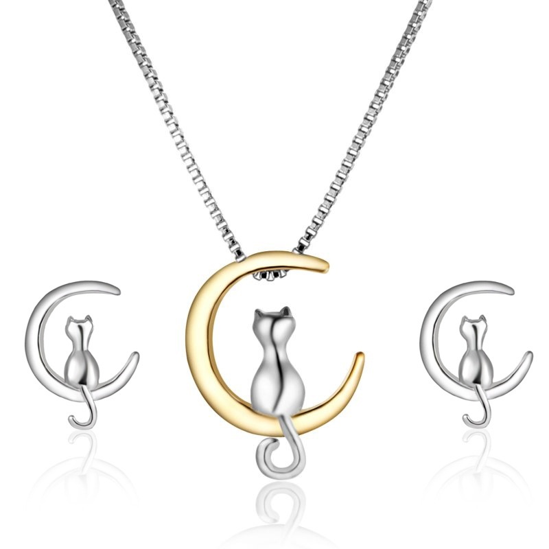 Simple Moon Cat Stud Earrings Necklace Fashion Alloy Clavicle Chain