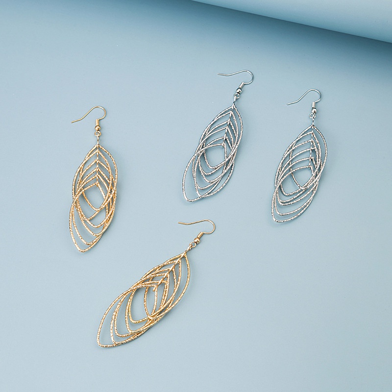 hollow circle multilayer leafshaped long alloy earrings