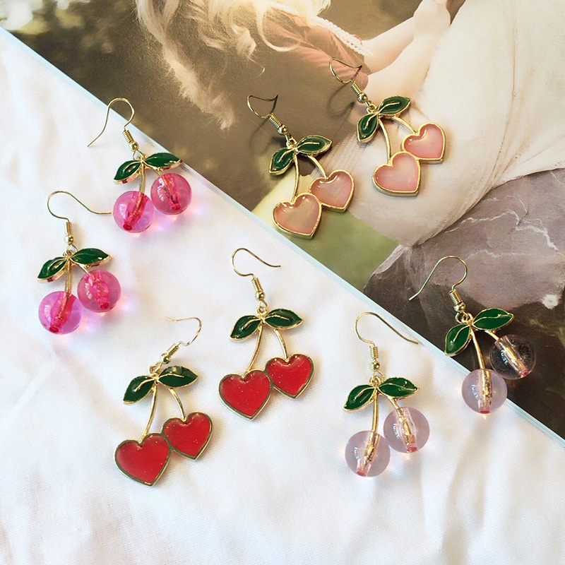 Korean version of cherry heart dripping oil alloy earrings