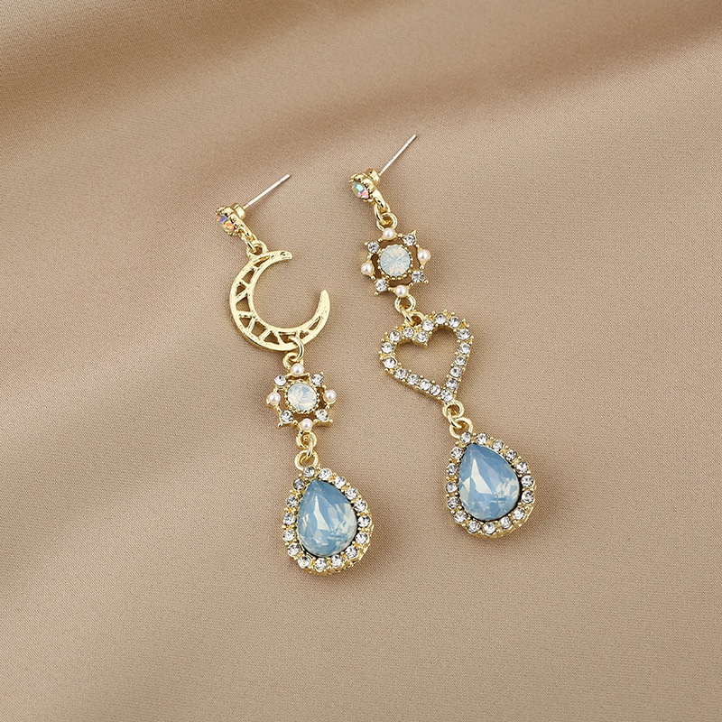 baroque moon diamond hollow heart blue water drop pendant earrings